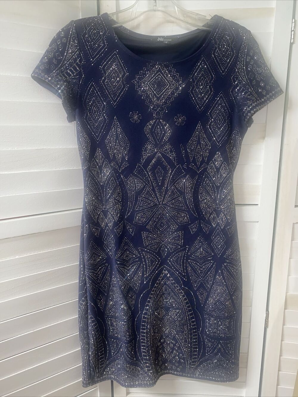 JUMP Apparel Short Sleeve Blue Silver Glitter Pencil Dress Lined Small USA Made